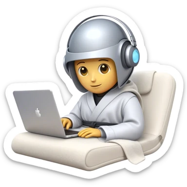 Emoji of a remote-working robot in a cozy smooth bathrobe with a laptop. The robot has a sleek helmet-like head with LED digital eyes. Relaxed yet high-tech vibe. sticker