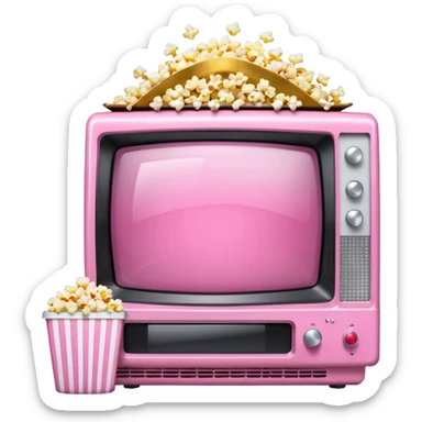 front view of transparent sparkly pink shiny CRT TV sitting on top of pink VCR, with pink/white rhinestone bucket of popcorn sitting next to it sticker