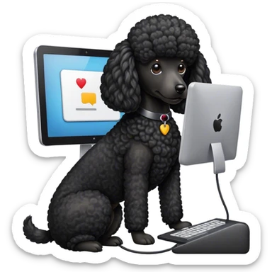 black poodle with computer  sticker