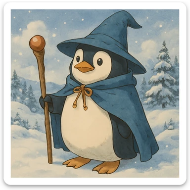 Add a snowy landscape background behind the penguin wizard, keep all original colours and lighting sticker