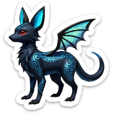 Shiny Fiery Dark Ugly Evil Realistic Glowing Eldritch Horror Cool Edgy Badass Emo Glorious Demonic Batty Dusky Ethereal Sparkly Shimmering Magical Punky Aural Iridescent Fluorescent Bioluminescent Umbreon-Amaura-Salandit-Noibat-Flareon-Fakémon-fusion (full body) with intricate pattern markings sticker