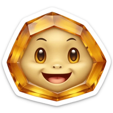 Single gemstone rock character, warm golden citrine, squat and heavy like a rock, with carved facets and tiny surface imperfections, cute round eyes and open smiling mouth, 3D game icon style, plain dark background, no other gems sticker