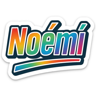 The name 'Noémi' in modern, precise Hungarian letters with a rainbow gradient fill, extra thick white letter border, dark contour, transparent background, dynamic slanted underline, in the style of the reference samples. sticker