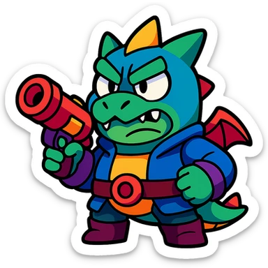 Brawl Stars character JAE Yong, ready for battle, bold outlines, colorful design sticker