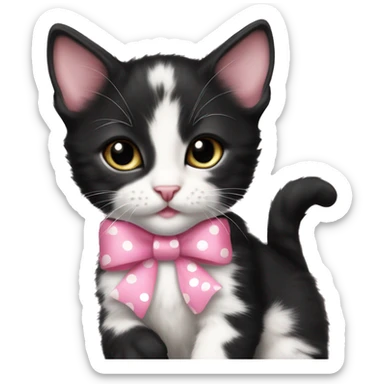 Baby Full body Tuxedo kitten with a pink polka dot ribbon Hazel eyes sticker