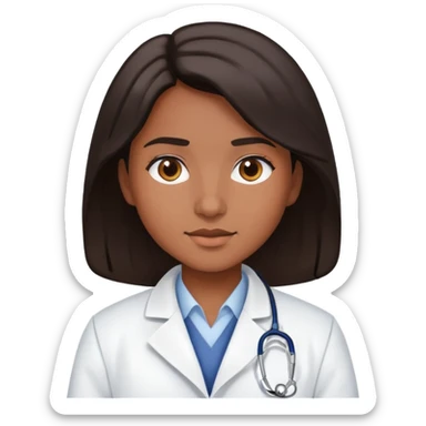 young doctor with dark hair and brown skin wearing a white coat sticker