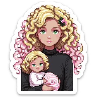 pale girl with curly medium-length blonde hair and baby pink swirls sticker
