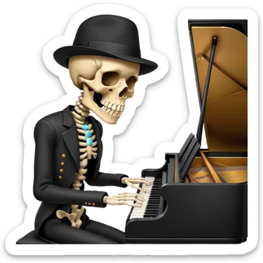 a human skeleton in anatomical proportion wears a black hat and plays the piano sticker
