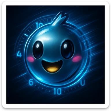 Add a sleek, glowing time acceleration effect to the metallic Made in Heaven emoji. Include blue motion streaks or digital clock elements to create a modern, high-tech look. sticker