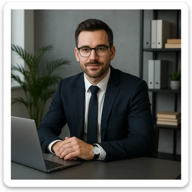 A 35-year-old male business coach sitting at a desk with a laptop, professional and modern style sticker