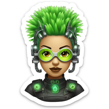 Neon green Mohawk hair Latina female cyborg head with silver steampunk goggles and circuits sticker