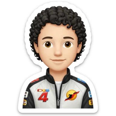 White Boy with curly black hair shoulder length wearing a race car jacket modern looking into the camera with a smile sticker