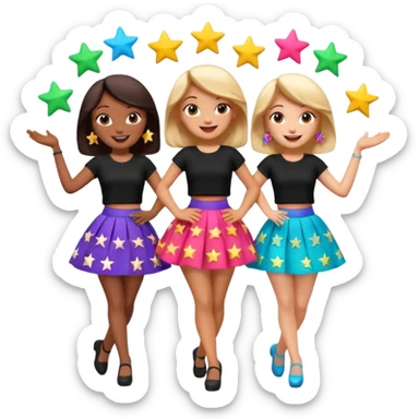 Three 3D cartoon women dancing in colorful skirts and black tops with stars, cheerful expressions, bright background, Memoji-style rendering. sticker