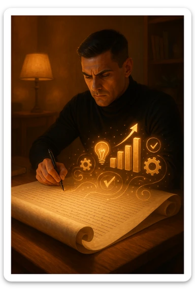 Un uomo concentrato, seduto alla sua scrivania in una stanza con luce calda, sta scrivendo su un enorme foglio di carta che si espande magicamente davanti a lui. Mentre scrive, le parole si trasformano in elementi visivi tridimensionali che rappresentano le soluzioni ai suoi problemi sticker