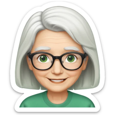 White hair grandma, green eyes, hair to shoulder, lokeg black glasses, rectangles face, smile , sticker