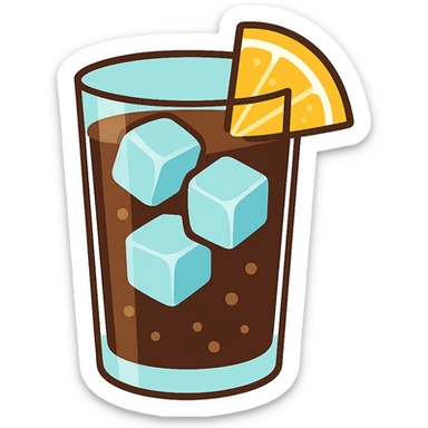 flat toon glass of cola with 3 ice cubes and a wedge of lemon sticker