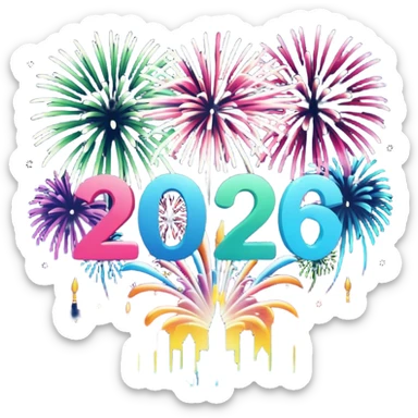 "Happy New Year 2026" in backdrop of colourful fireworks in outline  sticker