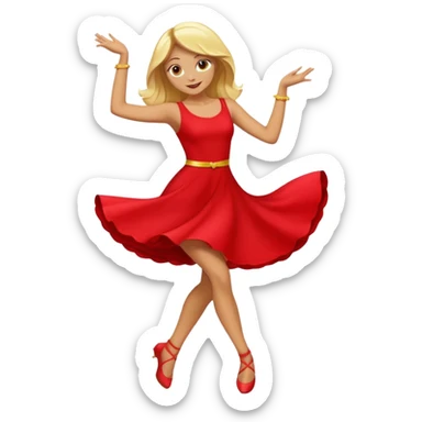 a yellow-blonde woman dancing wearing a red dress, in flat emoji / Apple style, smooth shapes, glossy highlights, bright saturated colors, simple features, minimal details, no outlines, red clothes flowing, joyful pose
 sticker