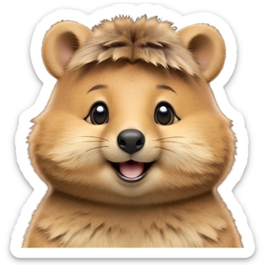 cinematic-realistic quokka-emoji,-small-round-frame, head tilted in an endearing manner, comical smile, round cheeks, giant-fluffy-cheeks-large-smile-fluffy-brown-fur-radiating-a-warm-softness,-big-round-eyes-filled-with-joy, realistic round  fluffy zoomed in, large black eyes one paw raised in the air sticker
