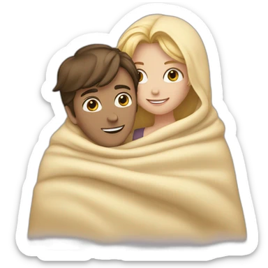 Brunette girl and blond boy hugging in a blanket  sticker