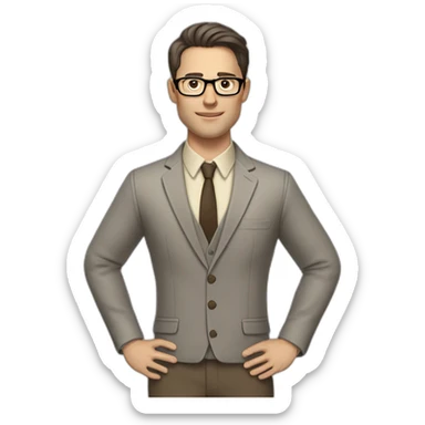 Full height Gesticulating Pale skinned fit man with dark brown hair in gray jacket, beige office shirt, brown tie, brown pants and vintage glasses. sticker
