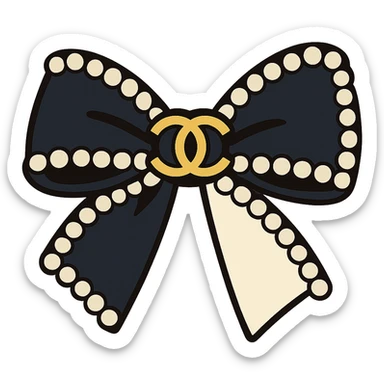 elegant bow with pearls and gold Chanel logo, glossy, black and white sticker