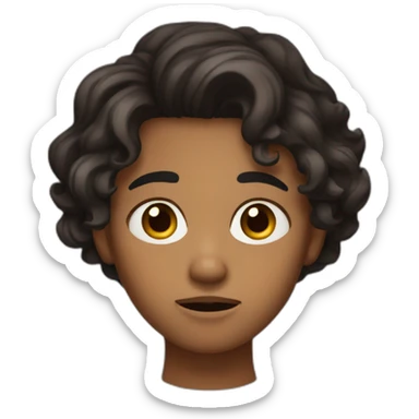 Wavy dark colored hair, dark skin, freckles, brown eyes, upset expression. sticker