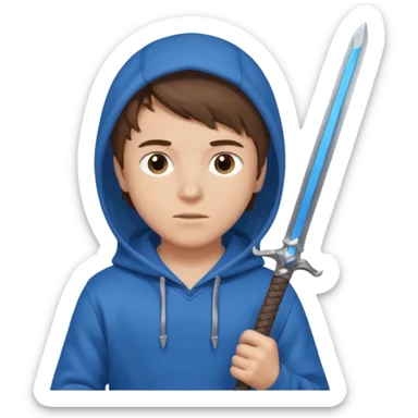 make a boy with brown hair and a blue hoodie and add a blue sword too sticker