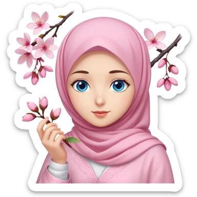 Turkish beautiful finish Konya girl blue eyes with light pink hijab islamic dress and had on her hand cherry blossom sticker