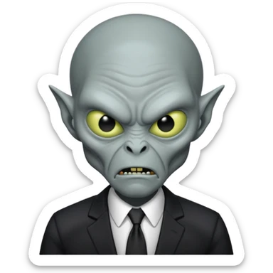 an old alien with black suit, grey skin, angry sticker