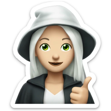 Young witch with white hair, white skin and cap, green eyes, thumbs up   sticker