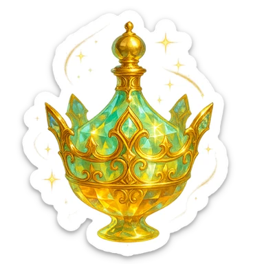 crystal luxurious elixir bottle in the shape of a crown, pastel gradient of yellow, orange, and green colors, lots of glowing effects, facets, ornaments, golden details, magical effects, very small golden neck, transparent background, beautiful merging base, clearly floating in the air, no base or shadow, very luxurious, interesting design fitting a collection sticker