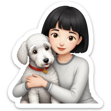 A girl with short black hair and bangs happily hugs a white Bedlington terrier sticker