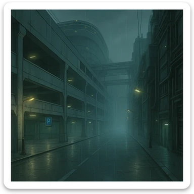 a dark, drab industrial street, dim lights, thick fog and rain. no cars. parking structure. pre-twilight gray. dystopian futurepunk, but the streets are clean, massive structure, very futuristic sticker