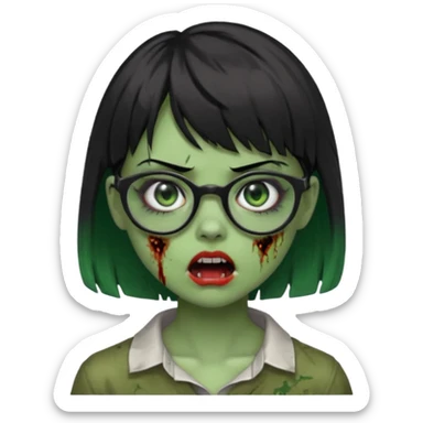 faça uma menina zumbi,da cor verde,com o cabelo curto preto até o pescoço,franja,óculos pretos,olhos escuros,boca meio aberta e alguns machucados pelo rosto sticker