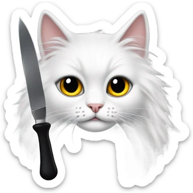 White long haired cat with big eyes and black fur around them holding a knife  sticker