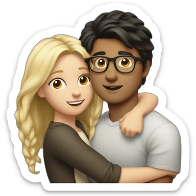 boy with dark hair and glasses hugs a blonde girl sticker