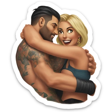 beautiful woman climbing a handsome tattooed man's back sticker