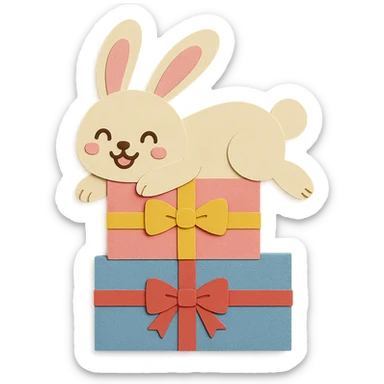 Add a ribbon to the blue gift box and change the bunny's face to a happy expression. Keep all other design elements unchanged, paper-craft style sticker