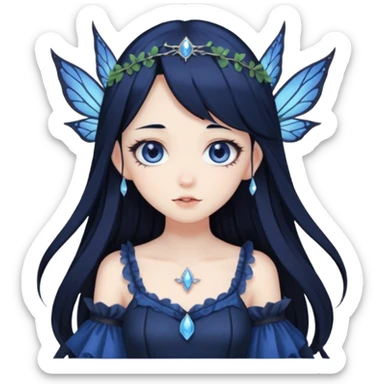 Gothic anime fairy with long beautiful black hair and dark blue dress, pastelcore, sticker