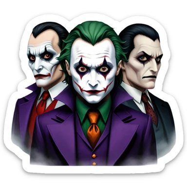 Thriller Movie Icon: A dark, intense collage with close-up images of iconic thriller characters like 1 Joker, 1 Hannibal Lecter, and 1 Vlad Dracula. The background features a moody Gotham City skyline, with shadowy figures and fog. Atmospheric, suspenseful tone. Transparent background. sticker