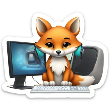 Detailled Baby kawaii fox with headphones on ears and keyboard computer sticker