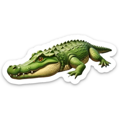 A large crocodile resting on a riverbank, part of its body in water, realistic scales and reflections, natural sunlight. sticker