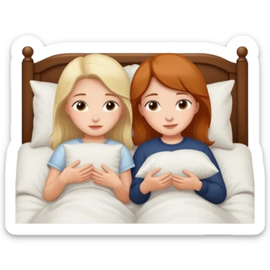 two girls cozy in bed, soft bedding, gentle expressions, no text sticker