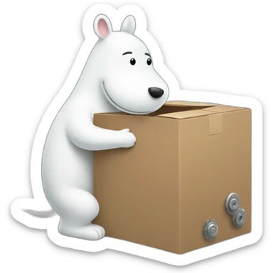 Moomin handles a box with gear sticker