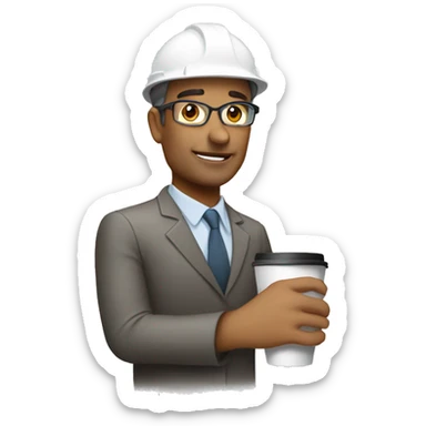 Civil engineer with white helmet holds coffee sticker