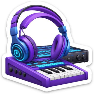 Create a creative and technical emoji that represents sound design. The design should feature a soundwave, a pair of studio headphones, and an audio synthesizer or soundboard to symbolize the manipulation and creation of unique soundscapes. Add subtle elements like audio cables, a mixing console, or a waveform to reflect the technical aspect of sound design. Use vibrant, futuristic colors like neon blue, purple, and green to represent innovation and creativity in sound. The background should be transparent. sticker