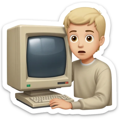 Young man with surprised expression looking at a very old, bulky desktop computer from the 1990s with CRT monitor sticker