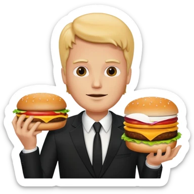 White tall man with a cheese burger as a head in a black suit sticker