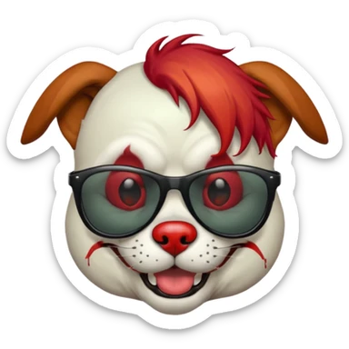 Zombie dog with sun glasses and red hair and joker nose sticker
